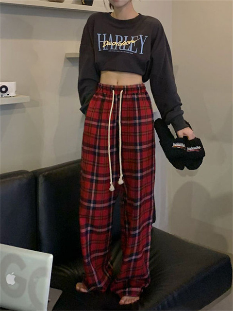 Women's Pants Capris QWEEK Korean Fashion Red Plaid Pants Women Y2K Vintage Green Oversized Wide Leg Checkered Trousers Harajuku Jogging Sweatpan