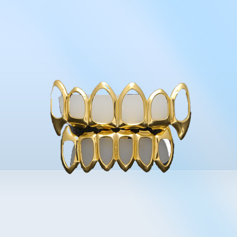 New Hip Hop Custom Fit Grill Six Hollow Open Face Gold Mouth Grillz Caps Top Bottom With Silicone Vampire teeth Set3707894