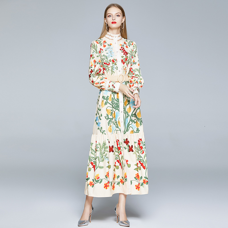 Casual Dresses Autumn Runway Maxi Dress Womens Long Sleeve Stand Gorgeous Flower Print Long Dress Female Buttons up Sashes Holidays Dress 230413