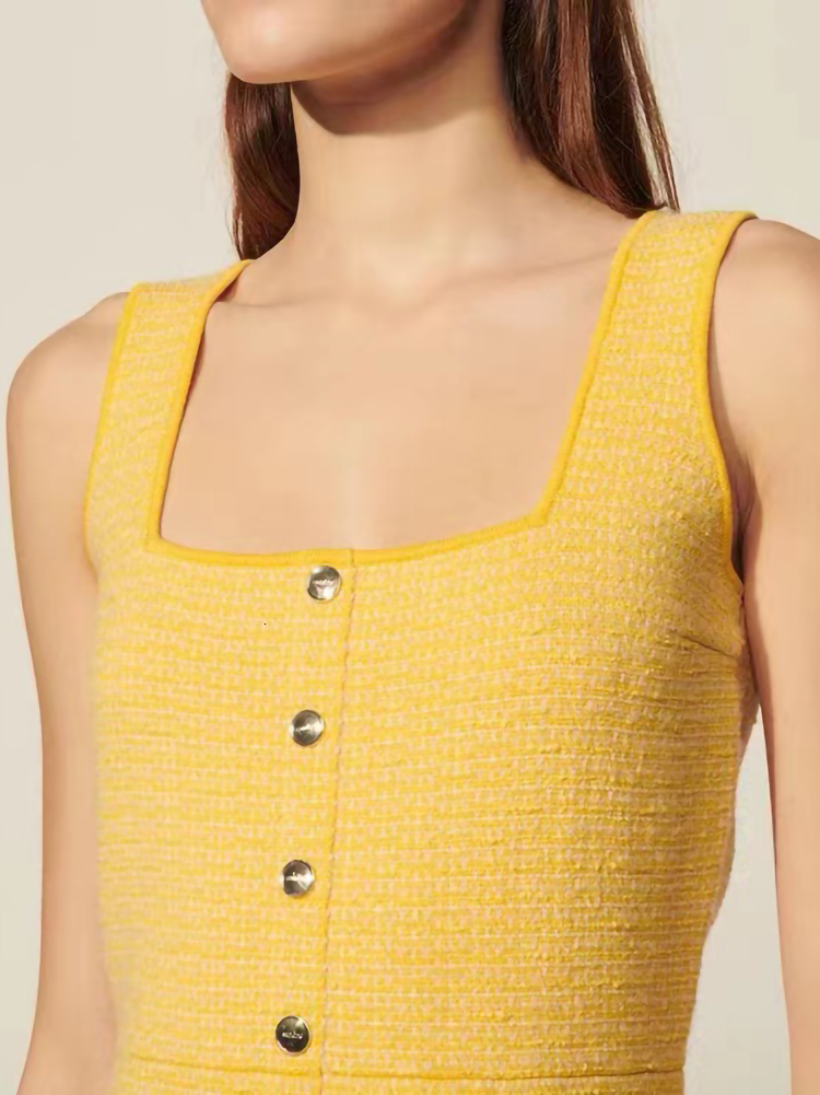 Casual Dresses Summer SANDR* Cotton Blend Tweed Square Neck Sleeveless Camisole Dress for Women Yellow High Waist A-line Ladies Dresses230413