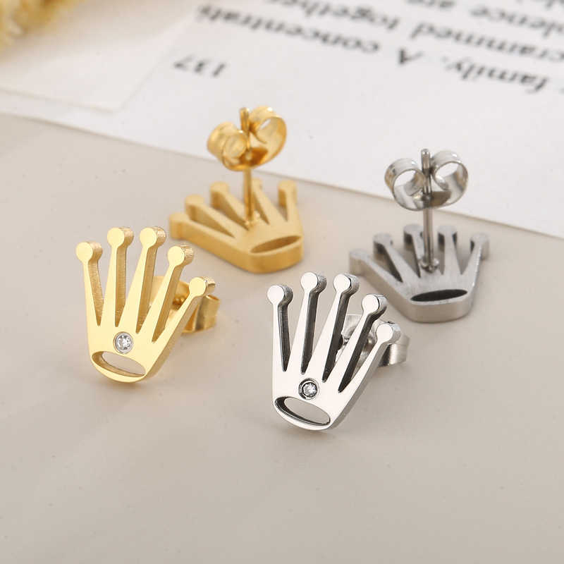 Stud New Gold Color Crown Stud Earrings for Women Stainless Steel Rhinestone Push-Back Earring Fashion Women Wedding Ear Jewelry P230411