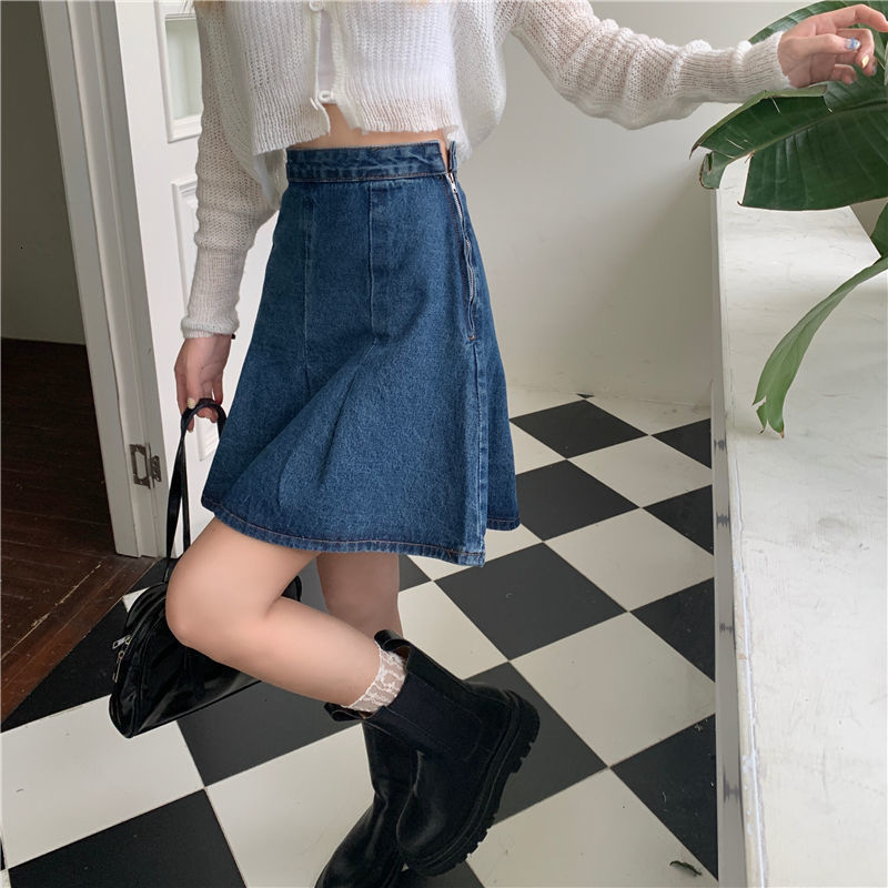 Skirts Cowboy Pleated Skirt Girl Style High Waist Slim Joker Skirt Basic Simple Denim Blue Vintage Women Skirts 230413