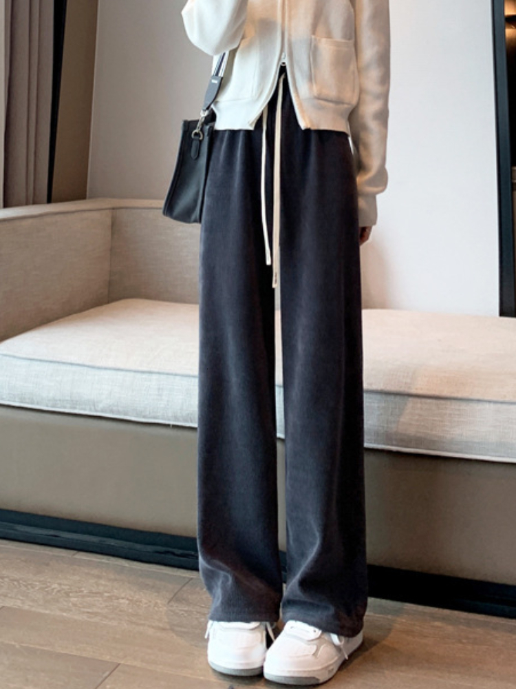 Women's Pants Capris Autumn Winter Korean Lace Up Pants Women Plus Velvet Wide Leg Pants Women's High Waist Straight Warm Loose Trousers 230