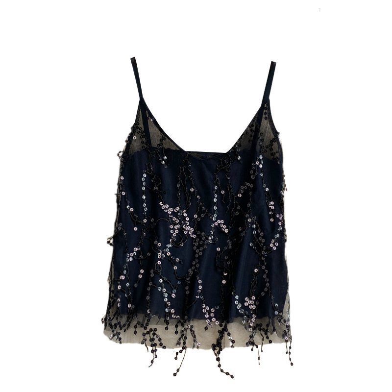Camisoles Tanks Summer Sexy V-neck Sparkle Vest Top Girl Fashion Club Loose Spaghetti Strap Camisole Women Sexy Sequins Slip 230413