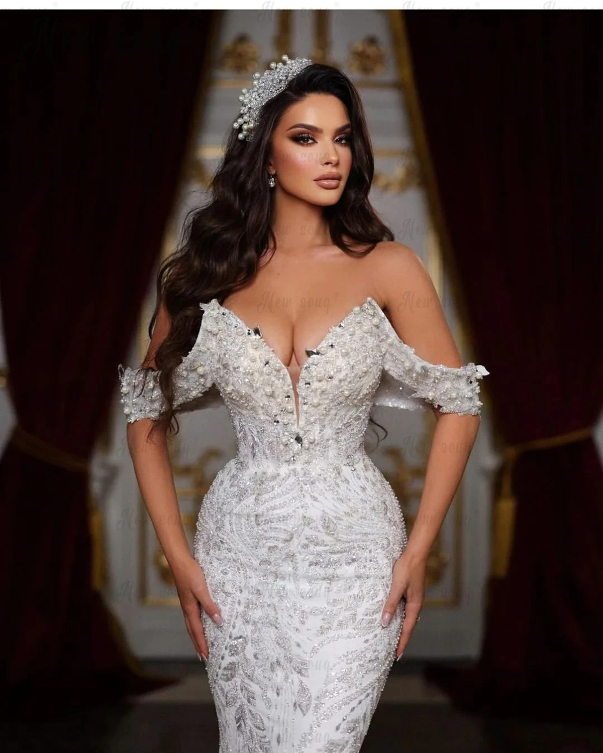 Elegant 3D-Appliques-Lace Evening Fashion Deep Pearls V-Neck Slim Fit Detachable Train Prom Dresses Size Custom Made vestido de novia D-H23641