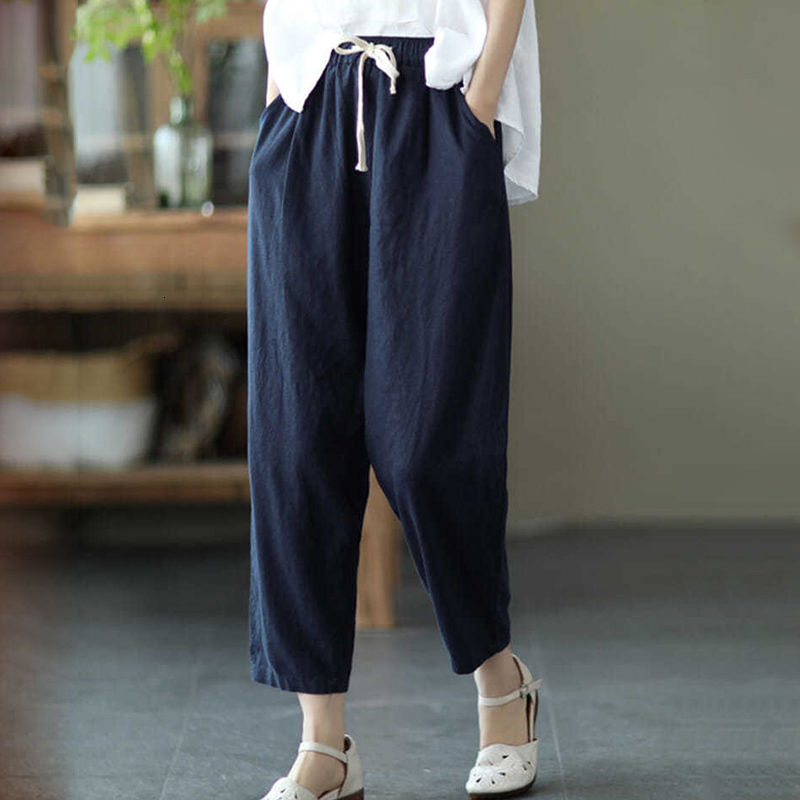 Women's Pants Capris Rimocy Summer Casual Cotton Linen Pants Women Retro Pockets Loose Harem Pants Woman Solid Elastic Waist Trousers Female 2304