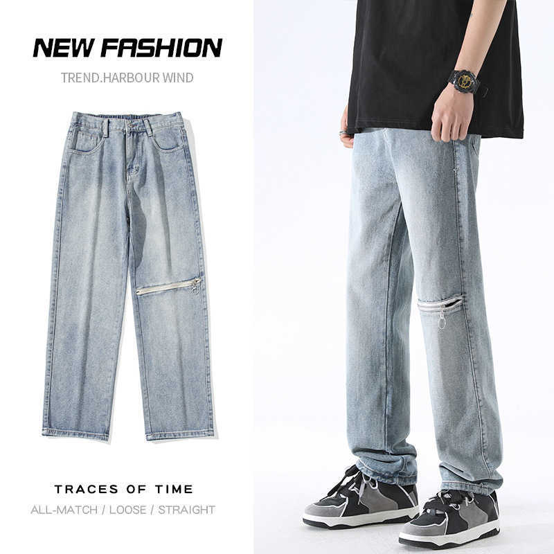 2023 street Europe and the United States tide zipper design hole work jeans men and women couples loose thin straight wide leg pants, Black
2023 street Europe and the United States tide zipper design hole work jeans men and women couples loose thin straight wide leg pants, Black