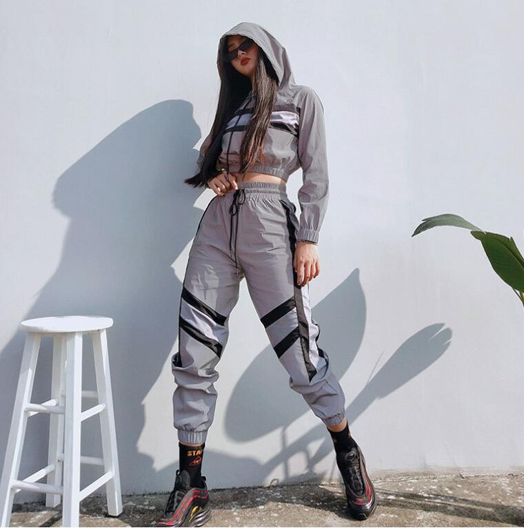 WS162 Women's Two Piece Pants long sleeve hooded Reflective jacket pullover Women's Clothing