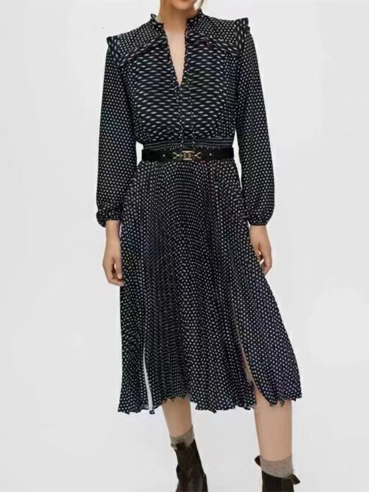Casual Dresses Fall Winter French Fashion Dress Women Elegant Casual Party Office Dot Print Long Sleeve High Street Fungus Fold Robe230413