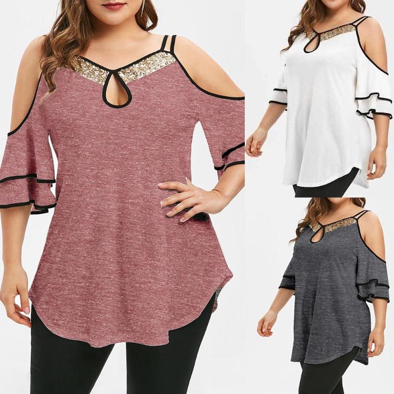 Women's T Shirts Plus Size Women Sequins Neck Cold Shoulder Ruffled Sleeve Irregular Hem Blouse Solid Color Easy To Pair With Variety Of, Black
Women's T Shirts Plus Size Women Sequins Neck Cold Shoulder Ruffled Sleeve Irregular Hem Blouse Solid Color Easy To Pair With Variety Of, Black