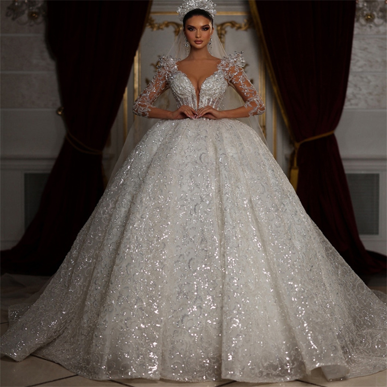 Princess Sparkly Wedding Dresses Ball Gown Illusion V Neck Long Sleeve Sequins Mariage Bridal Gowns Vestido de noiva, Sage
Princess Sparkly Wedding Dresses Ball Gown Illusion V Neck Long Sleeve Sequins Mariage Bridal Gowns Vestido de noiva, Sage