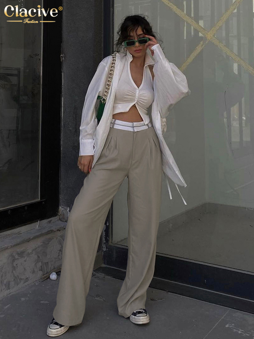 Women's Pants Capris Clacive Elegant Loose Gray Office Women Pants Fashion High Waist Straight Trousers Casual Chic Spliced Full Length Female Pa
