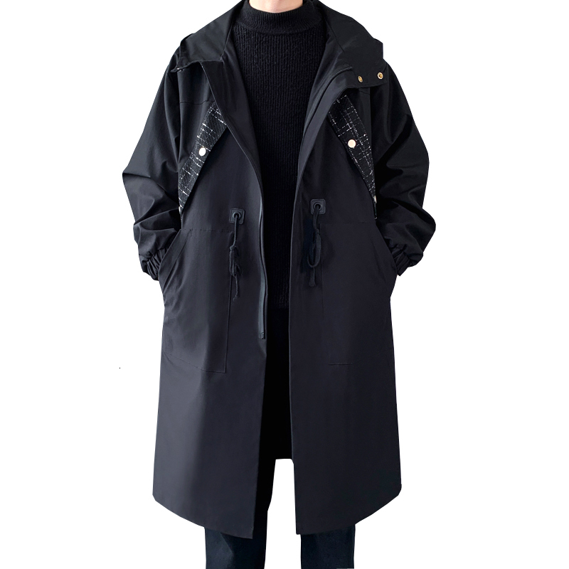 Men's Trench Coats Coat With Hood Black Mid Long Casual Clothing 230413Z