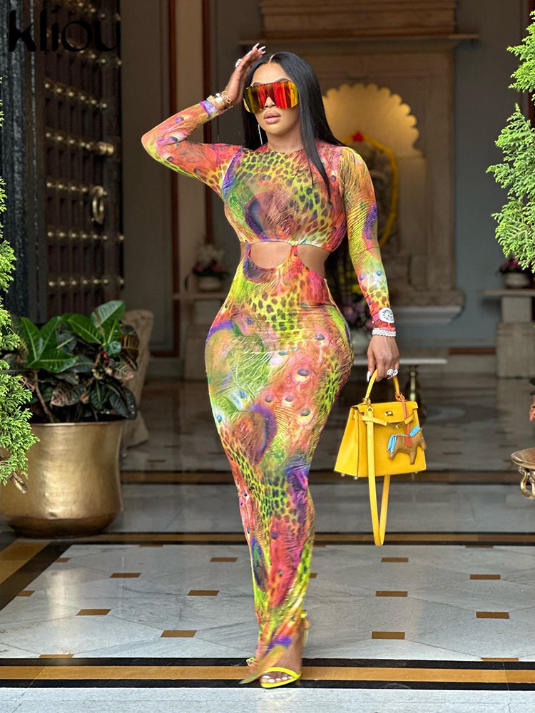 Casual Dresses Kliou Colorful Print Maxi Dress Women Shiny Stunning Hollow Out Full Sleeve O-neck Robe Female Elegant Street Style Lady Bodycon 230413
