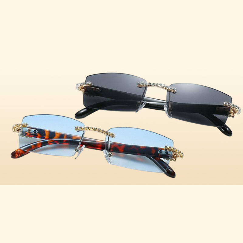 Retro Sunglasses Women Brand Designer Diamond Rimless Sun Glasses Shades Rhinestone Lens Ladies Frameless Eyeglasses