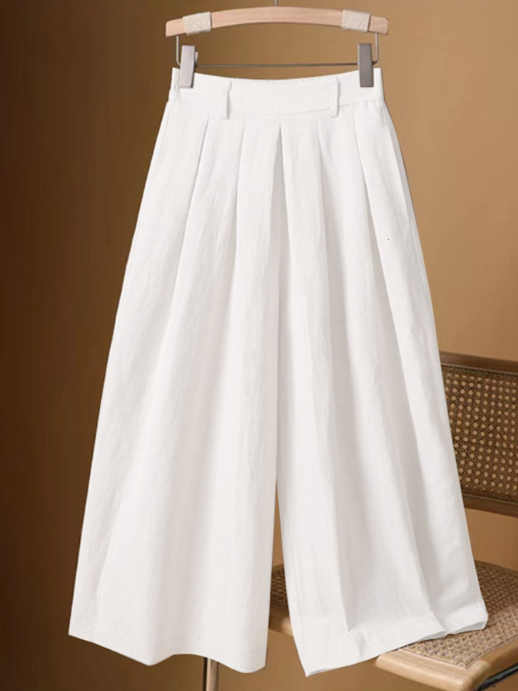 Women's Pants Capris Women's Pants Cotton and Linen Seven-point Wide-leg Culottes High-waisted Women's Trousers Summer Thin Loose Casua