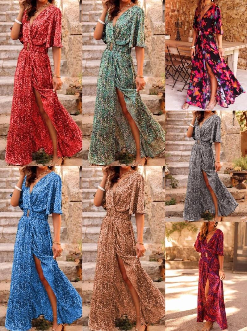 Casual Dresses Womens Dress 2024 Spring And Summer V-Neck Trendy Print Slim Waist Mid-Length Skirt Temperament See-Through