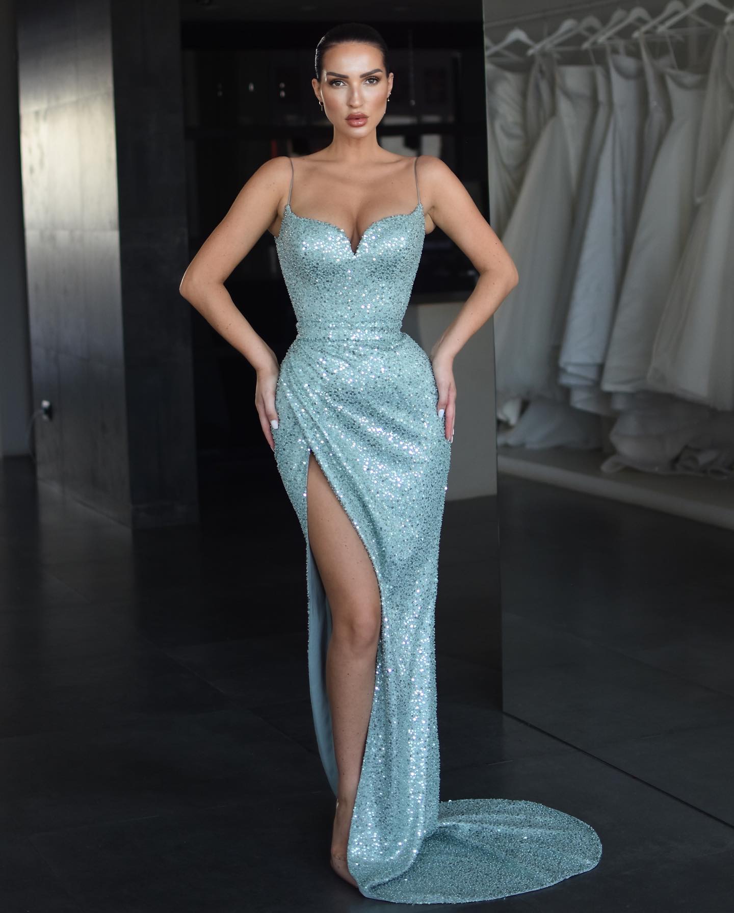 Elegant Blue Mermaid Prom Dresses Spaghetti Sequins Evening Lace Up Back Pleats Split Formal Long Special Ocn Party Dress Lz0304