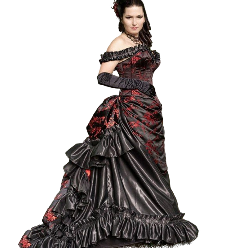 Vintage Victorian Ruched Evening Dresses Black And Dark Red Off The Shoulder Lace Appliques Taffeta Bustle Corset Medieval Prom Dress Masquerade Gowns