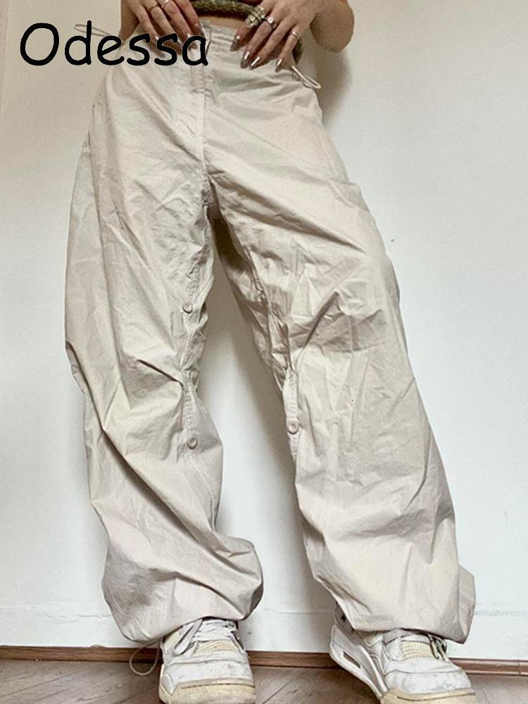 Women's Pants Capris Odessa Casual Wide Leg Streetwear Baggy Trousers Women Fashion Loose Drawstring High Waist Cargo Pants Grey Hippie Joggers P