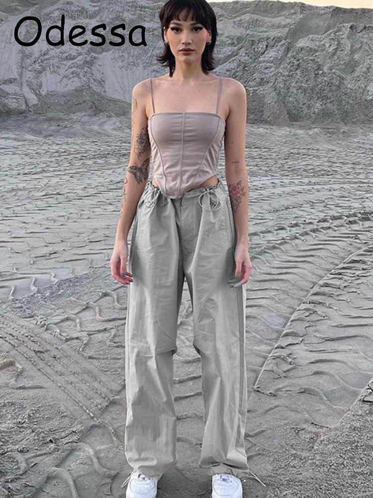 Women's Pants Capris Odessa Casual Wide Leg Streetwear Baggy Trousers Women Fashion Loose Drawstring High Waist Cargo Pants Grey Hippie Joggers P