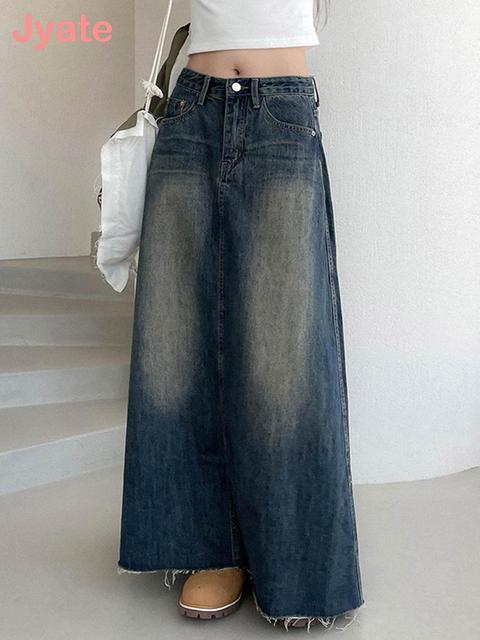 Vintage Skirts Jyate Maxi Denim Women Y2k Grunge Streetwear Pockets Chic Long Female Casual Harajuku Aesthetic Faldas 2