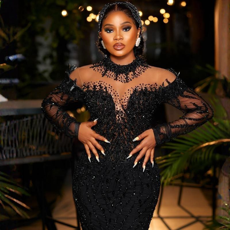 Plus Size Aso Ebi Mermaid Prom Dresses Long Sleeves African Black Girls Glitter Sequin Lace Crystal Tulle Ruffles Bead Evening Gowns Robe De Bal Party