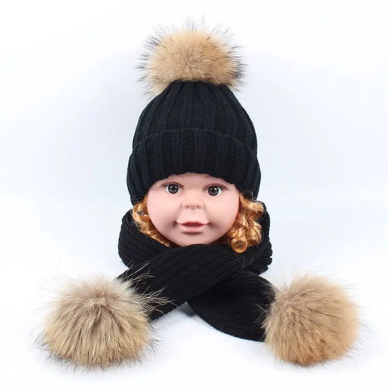 Scarves Wraps Winter Baby Boy Scarf Knitted Raccoon Fur Toddler Gilrs Hat Warm Children Clothes Windproof Kids Snow Wear Cute Child Clothing 231113