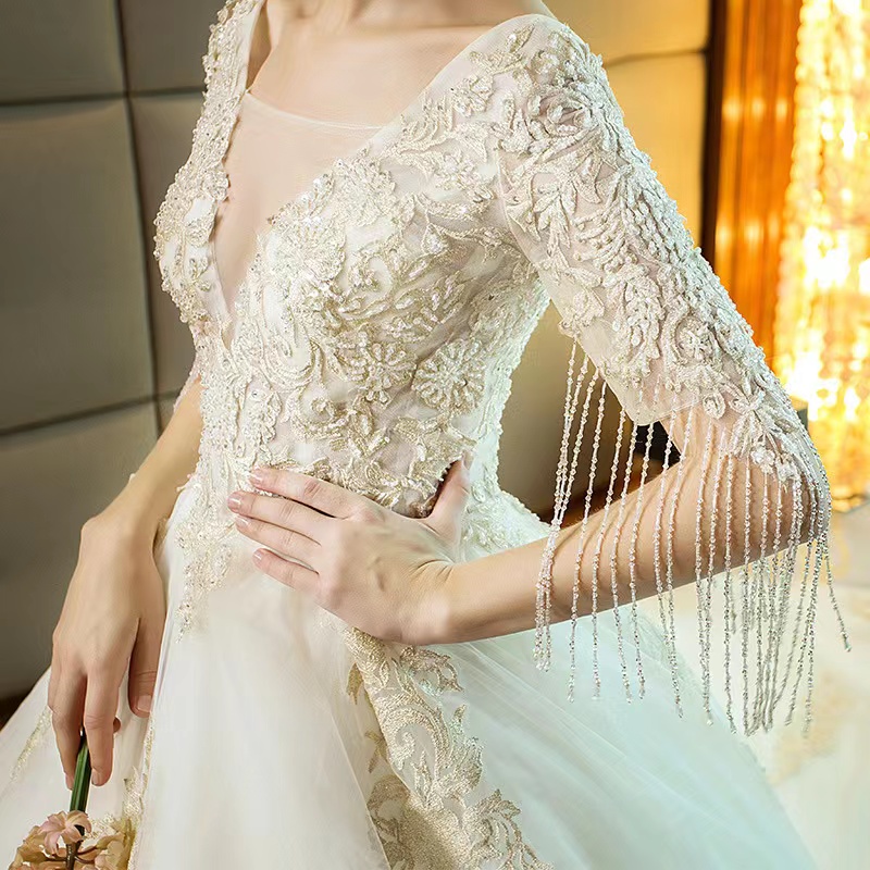 Plus Size wedding dress beach boho beaded tassels Country Dress Sash Custom Made long sleeve Ivory With Champagne sexy Lace Wedding Dresses Bridal Gow