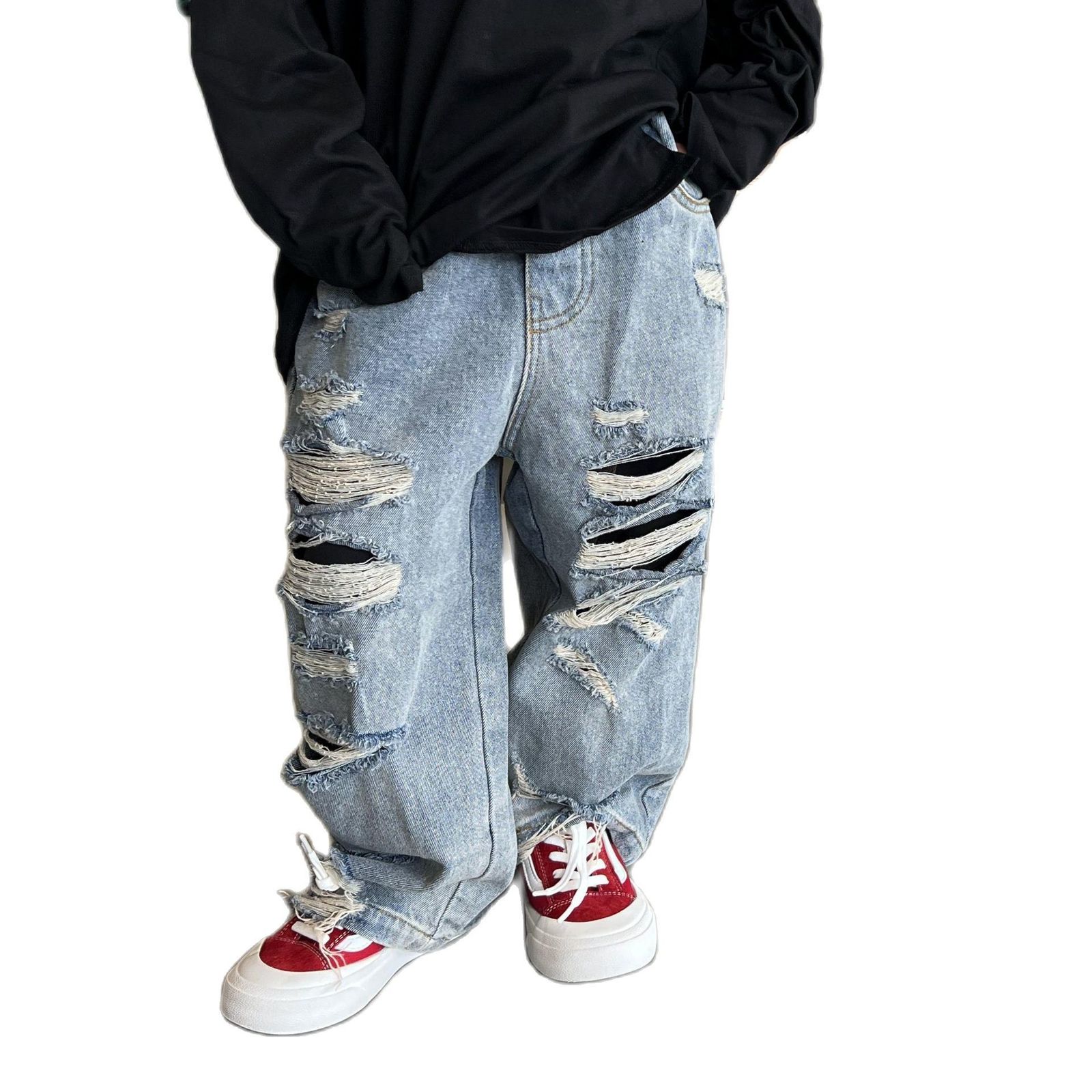 Jeans Kids Denim Ripped Trousers Boys Pants Wide Leg Jeans Korean Fashion Middle-waisted Pants Kids Clothes for Teen Boys 5-14Y 230413