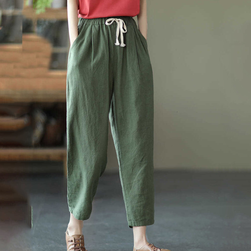 Women's Pants Capris Rimocy Summer Casual Cotton Linen Pants Women Retro Pockets Loose Harem Pants Woman Solid Elastic Waist Trousers Female 2304