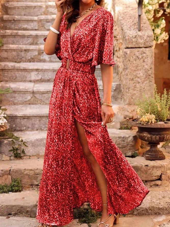 Casual Dresses Womens Dress 2024 Spring And Summer V-Neck Trendy Print Slim Waist Mid-Length Skirt Temperament See-Through