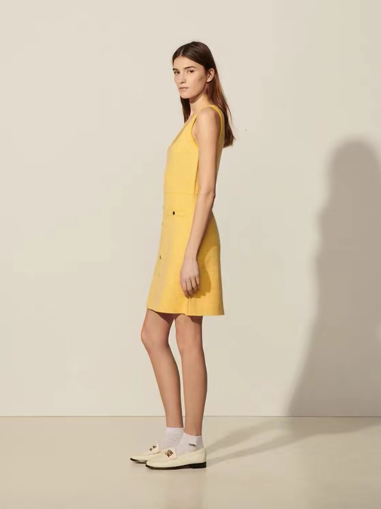 Casual Dresses Summer SANDR* Cotton Blend Tweed Square Neck Sleeveless Camisole Dress for Women Yellow High Waist A-line Ladies Dresses230413