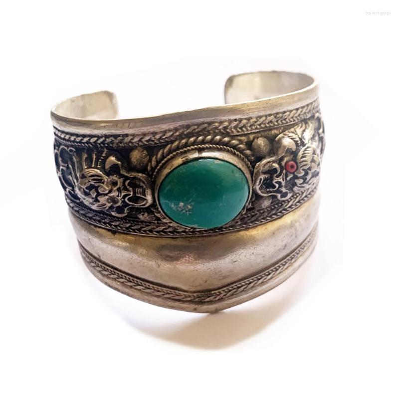 Bangle Charming Tibetan Silver Turquoise Carving Double Dragon Bracelet Tibet Jewelry
Bangle Charming Tibetan Silver Turquoise Carving Double Dragon Bracelet Tibet Jewelry