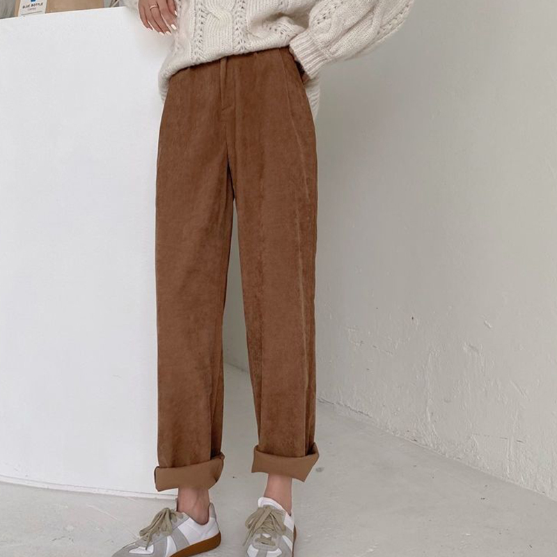 Women's Pants Capris Rimocy Korean Wide Leg Straight Pants Women High Waisted Warm Plush Trousers Woman Autumn Winter Loose Corduroy Pants Mujer 