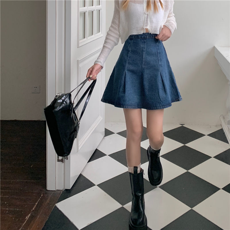 Skirts Cowboy Pleated Skirt Girl Style High Waist Slim Joker Skirt Basic Simple Denim Blue Vintage Women Skirts 230413