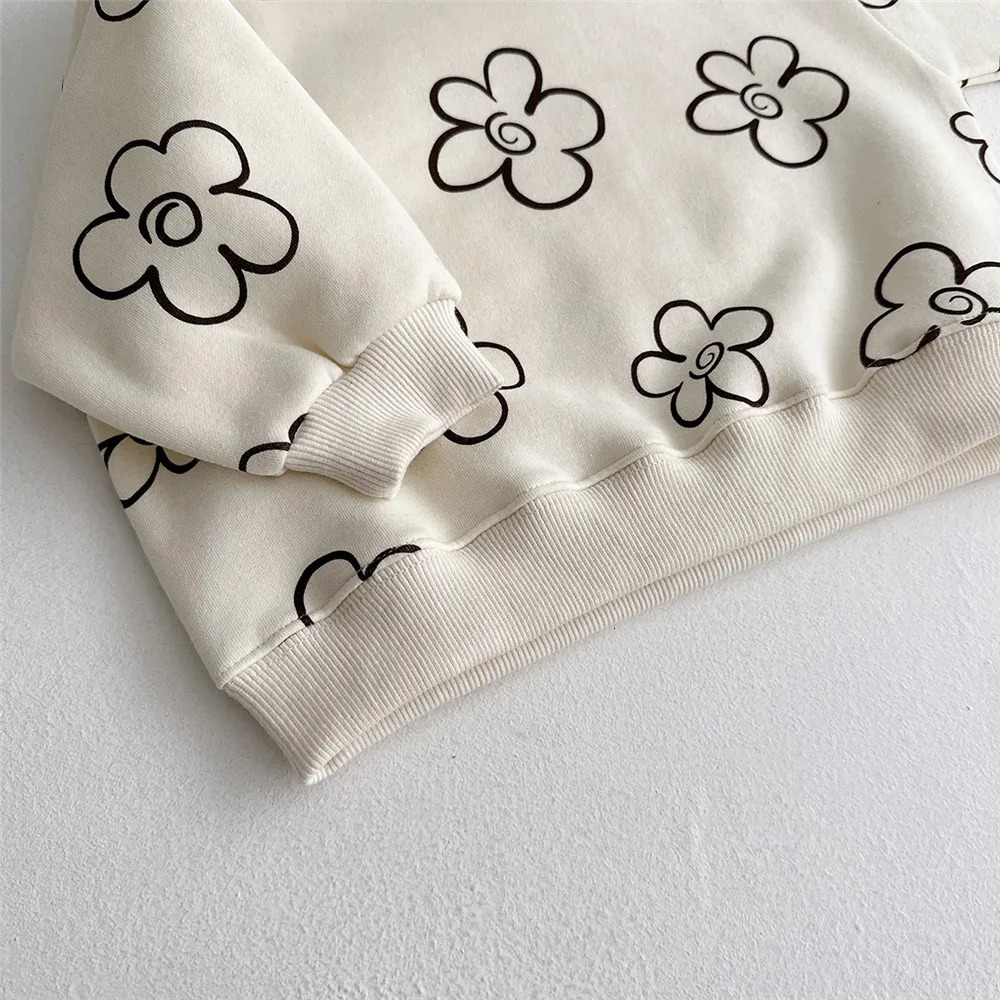 Clothing Sets Winter Warm Korea Toddler Baby Girl Boy Clothes Set Flower Thicken Fleece SweatshirtPants 2pcs Tracksuit Children Clothes Suit 231113