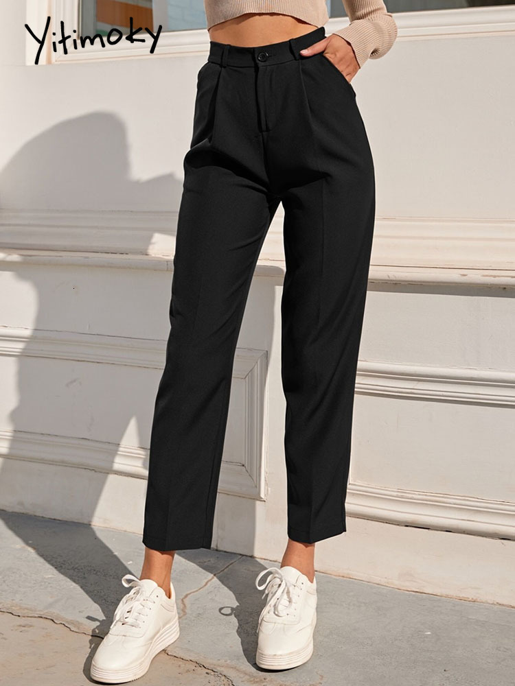 Women's Pants Capris Yitimoky Elegant Straight Pants Women Office Wear Work Pants Vintage Black Khaki Elastic Waist Trousers Spring Summer 230413