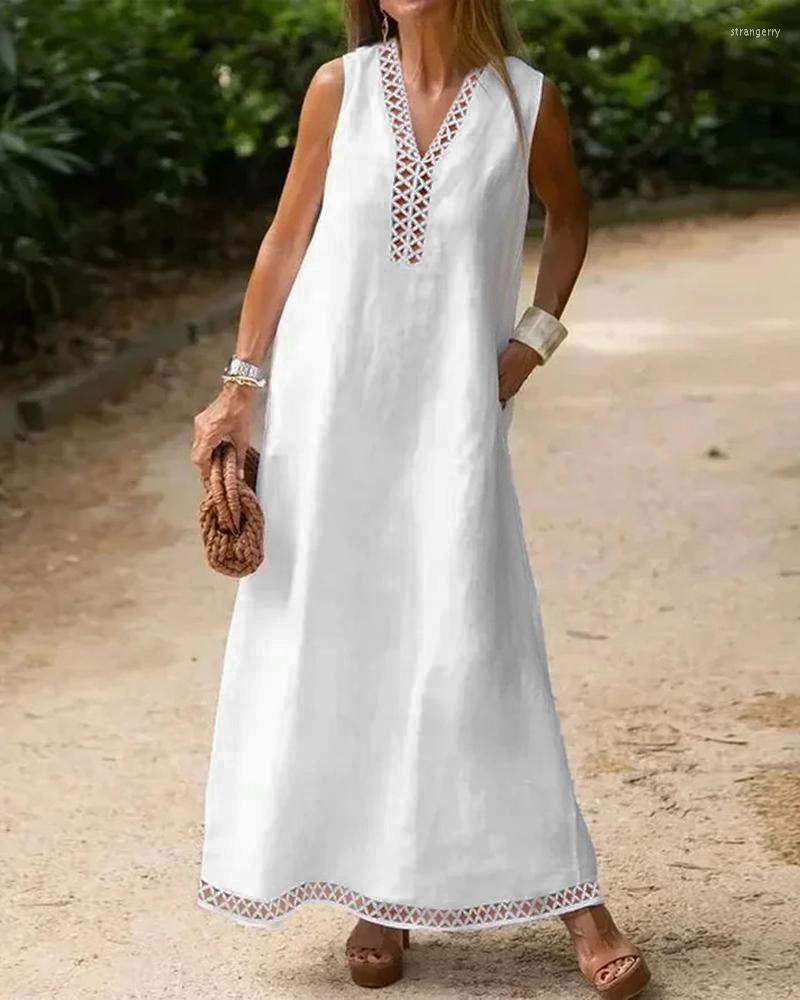 Casual Dresses Sleeveless Contrast Lace Hollow Out Vacation Dress Women Spring Summer Solid Color V Neck High Waist Long Loose, White
Casual Dresses Sleeveless Contrast Lace Hollow Out Vacation Dress Women Spring Summer Solid Color V Neck High Waist Long Loose, White