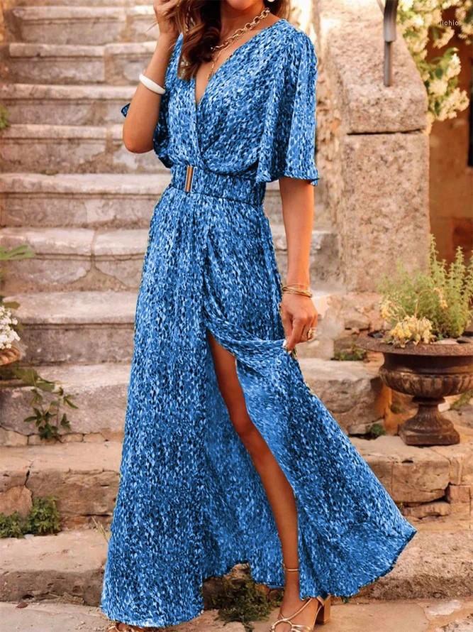 Casual Dresses Womens Dress 2024 Spring And Summer V-Neck Trendy Print Slim Waist Mid-Length Skirt Temperament See-Through