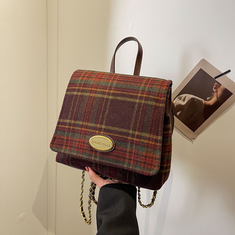 Ladies shoulder bags 2 colors winter popular woolen leisure backpack street trend plaid handbag flip color matching leather crossbody bag 23618#