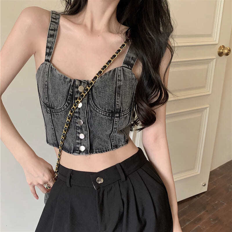 Camisoles Tanks Denim Pleated Tank Tops Single Breasted Slim Fit Camis Women's Short Top Sexy Cropped Crop Top Korean Vest Wholesale 230413