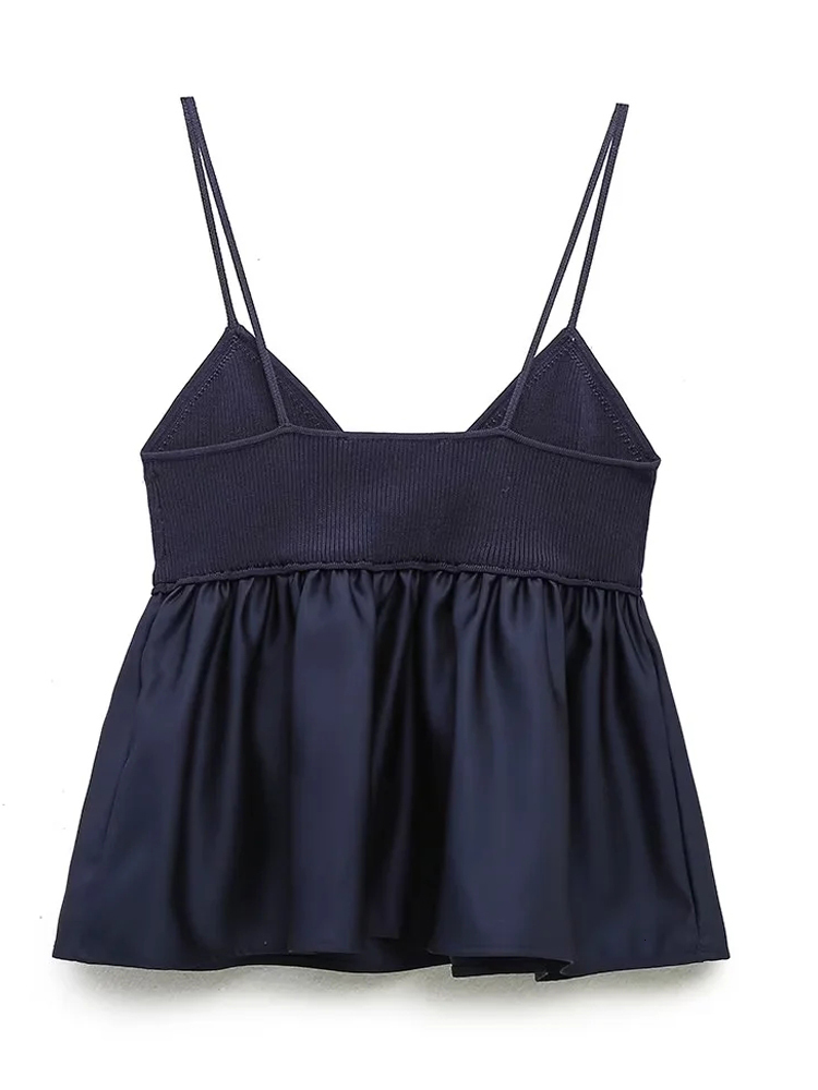 TRAF Blue Crop Women Ruffle Knitted Woman Off Shoulder Corset Top Female Streetwear Backless Sexy Tops Camisoles Tanks 230412