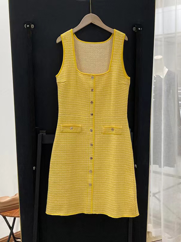 Casual Dresses Summer SANDR* Cotton Blend Tweed Square Neck Sleeveless Camisole Dress for Women Yellow High Waist A-line Ladies Dresses230413