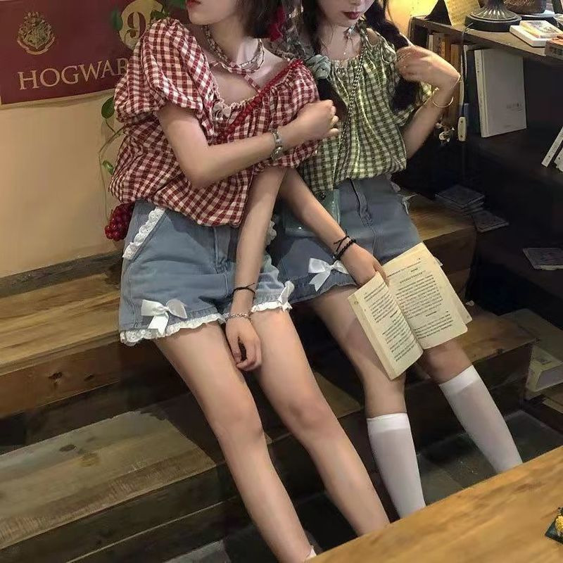 Women's Shorts Blue Vintage Bow Lace Shorts Jeans Women Harajuku Kawaii Y2k High Waist Pants Casual Aesthetic Clothes Korean Fashion 230413