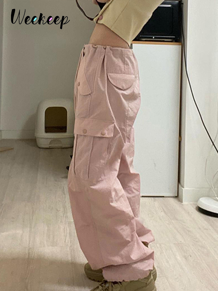Women's Pants Capris Weekeep Summer Baggy Cargo Pants Low Rise Drawstring Fashion Pocket Casual Pants Kawaii Pink Women's Trousers y2k Aesth