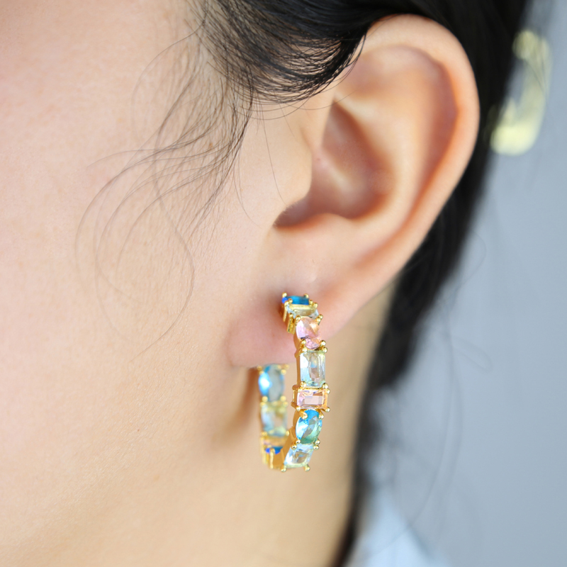 Geometric Zircon Hoop Earrings: Pink & Light Blue Iced Out CZ