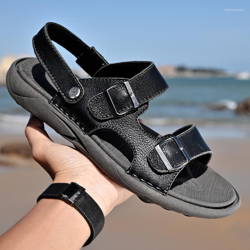 

Sandals Summer Top Layer Cowhide Leather Men's Casual Anti Slip Outdoor Beach Shoes Sandale Mens Genuine, Auburn