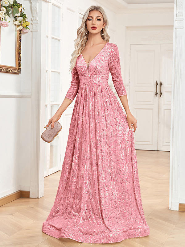 Bridesmaid 2023 Gold Shiny Bling Long Country Garden Wedding Guest Gown Sexy V Neck Prom Dress Arabic Sequined Bride Dress Maid Of Honor Gowns Evening