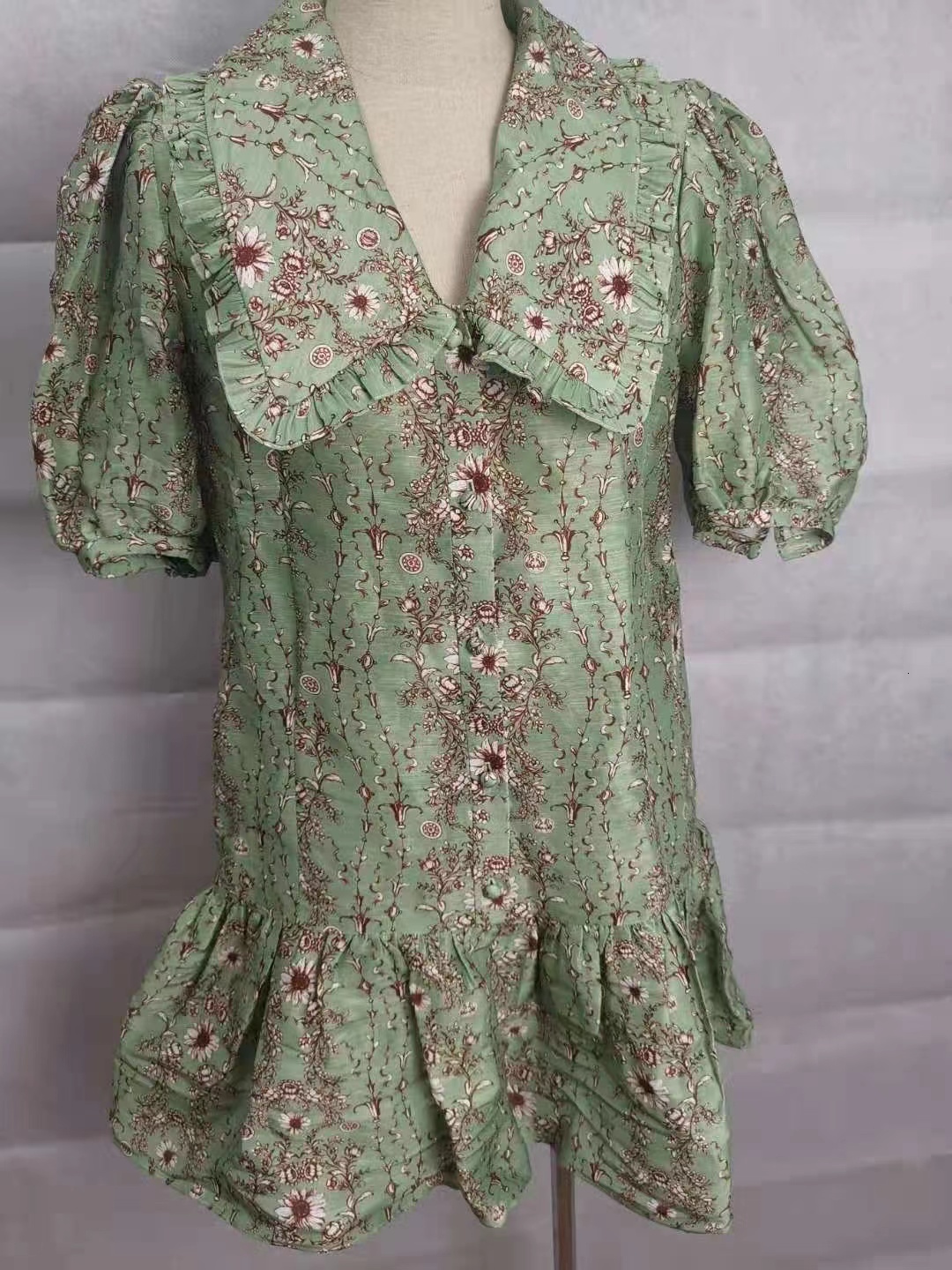 Casual Dresses Summer French Elegant Fashion Dress For Women Green Romantic Print Doll Collar Puff Sleeve Short Dress Mini Robe Ladies230413